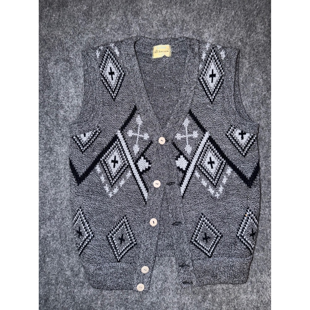 Vtg Alfa Fashion Mens Grey Geometric Diamond Knit Button Front Sweater Vest L